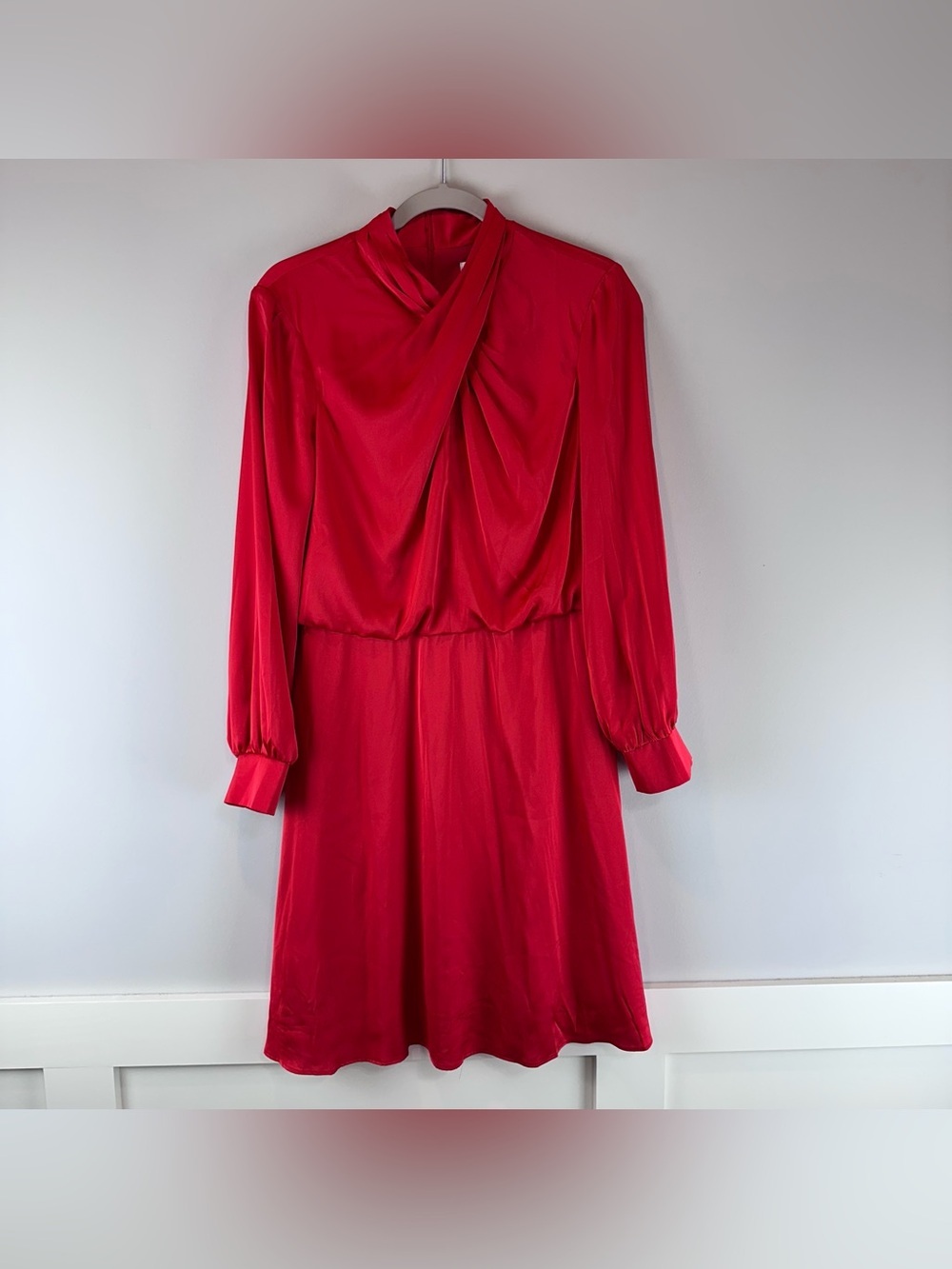 London Times Red Satin Long Sleeve Fit & Flare Mock Neck Blouson Dress Size 10